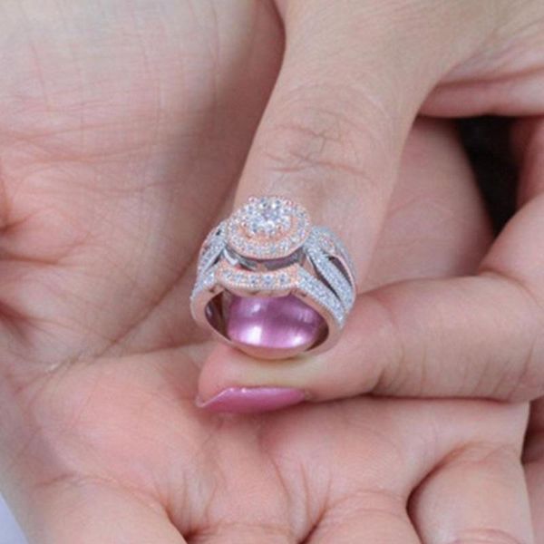 

wedding rings 2 pcs/set fashion crystal ring set for women luxury elegant zircon engagement party jewelry whole sale, Slivery;golden