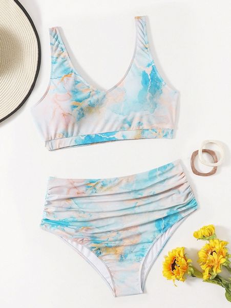 

plus marble print ruched high waisted bikini swimsuit h03o#, Black