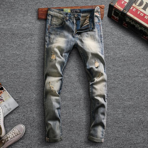 

2021 new fashion streetwear men jeans retro blue elastic slim fit ripped denim pants patchwork designer hip hop trousers dkzn