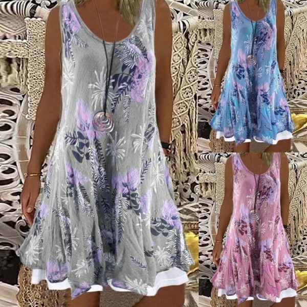 

casual dresses vintage floral print women party dress elegant sleeveless loose beach summer o-neck vest a-line vestidos, Black;gray