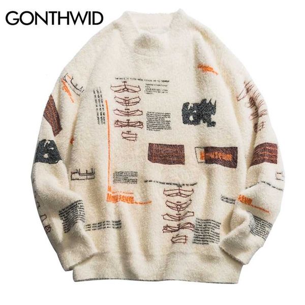 Gonthwid Graffiti вязаные пуловер джемпер свитера стритюна хип-хоп повседневная с длинным рукавом водолазка трикотажного одежды свитер мужчин топы 211008