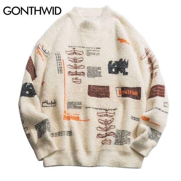 

gonthwid graffiti knitted pullover jumper sweaters streetwear hip hop casual long sleeve turtleneck knitwear sweater men 211008, White;black