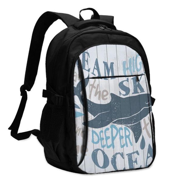 

backpack usb boys cycling sports travel versatile fashion whale on wood board dream student school
