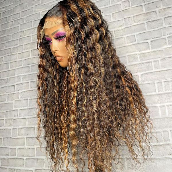 

lace wigs 250% highlights curly wig brown 13x4 front human hair for black women color high density, Black;brown