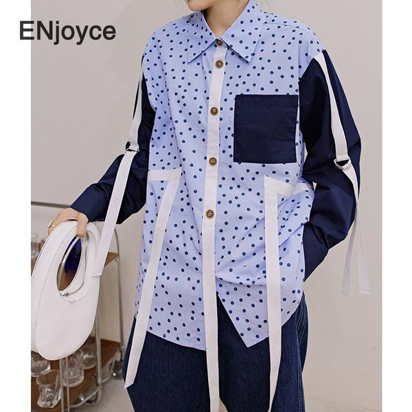 

women's blouses & shirts trendy blue stitching design shirt women casual loose long sleeve blouse korean fashion lapel boyfriend style, White