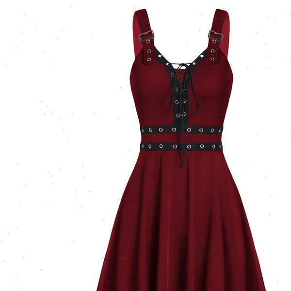 

gothic womens dress summer sleeveless backless a line punk dress rock lace up fit and flare dress long tunic female, Black;gray