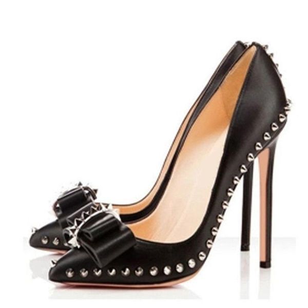 

dress shoes spike rivets stiletto high heeled black pump classics pointy toe shallow knot wedding pu leather formal pumps