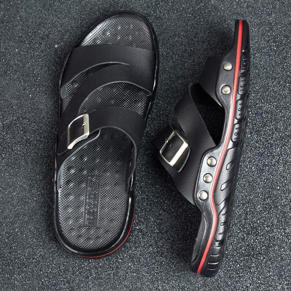 

slippers man sandals 2021 summer men shoes outdoor casual leather genuine roman 39 beach handmade for closed toe gladiator breathable, Black