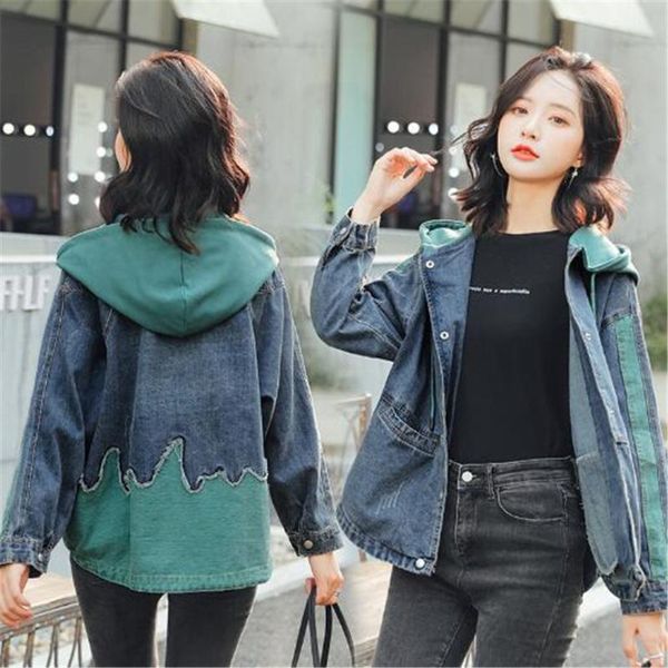 

women's jackets autumn winter loose hooded stitching casual denim jeans jacket outerwear clothes coat, Black;brown