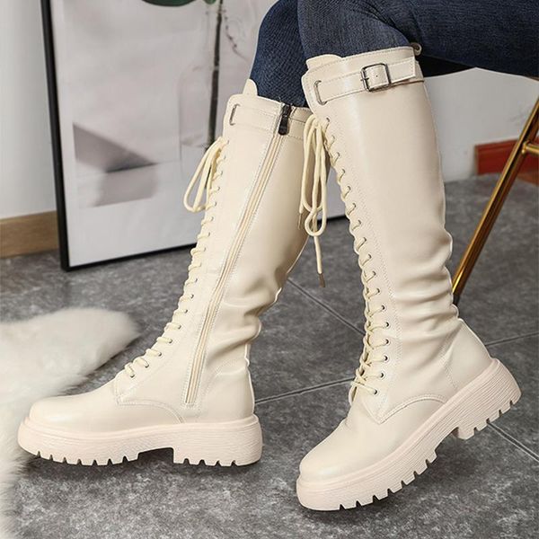 

boots women mid calf lace up female long boot platform thick heels zipper ladies fashion shoe comfortable 2021, Black