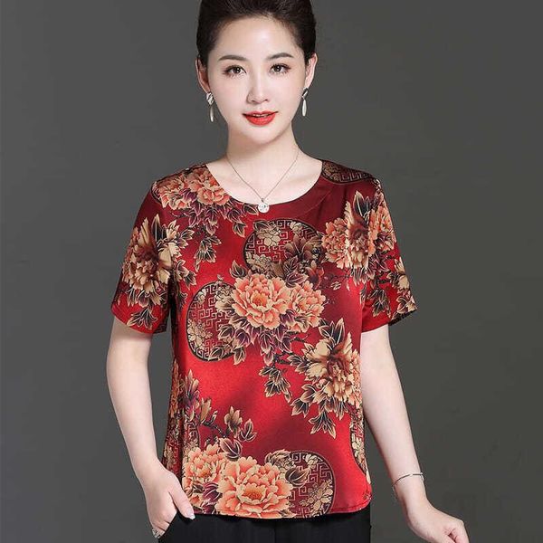 

women's blouses & shirts satin women blouse elegant short sleeve o-neck female imitation silk lady plus size blusas 2021 summer x162, White