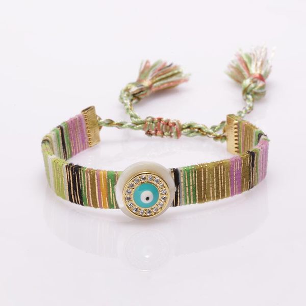 

charm bracelets cz disc blue evil eye gold protection white shell bead tassel bohemia gypsy wide silk ban bracelet for woman mother gift, Golden;silver