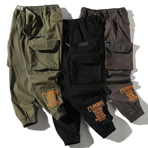 

men's pants jeans hip hop jogger japanese style fashion loose fit classical big pockets cargo military, Black