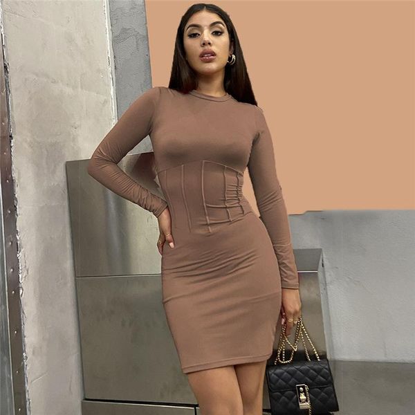 

women bodycon mini dress autumn long sleeve solid o neck red clothing casual fashion slim short pencil ladies dresses 2021, Black;gray