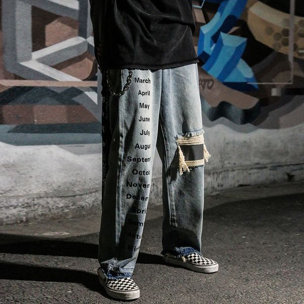 

new 2021 privathinker korean streetwear letter printed men jeans hip hop hole man denim pants male trousers 08ty, Blue