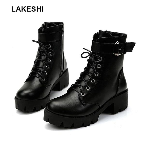 

boots 2021 ankle punk shoes for women black lace up platform buckle motocycle autumn winter leather warm footwear