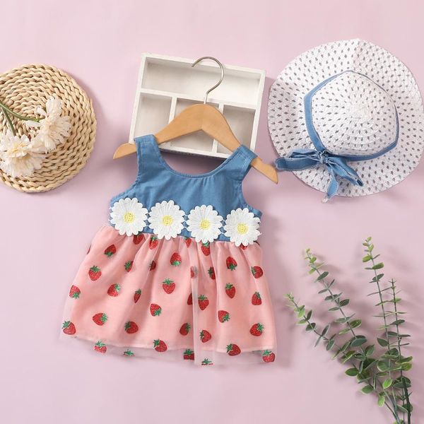 

girl's dresses 2pcs/set girls dress +hat toddler baby kids girl strawberry denim flower patchwork straw cap hat set clothes, Red;yellow