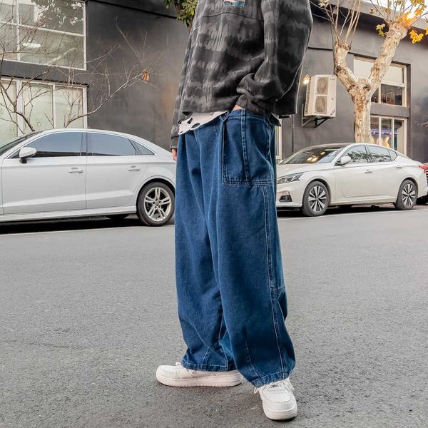 

men's jeans wide leg mens autumn spring big pockets hip hop streetwear straight baggy denim male -5xl y6lf u12y, Blue