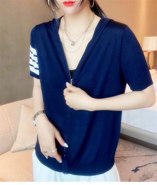 

spring and summer new tb style thin four bar leisure ice silk hooded zipper knitted cardigan women's wear, White