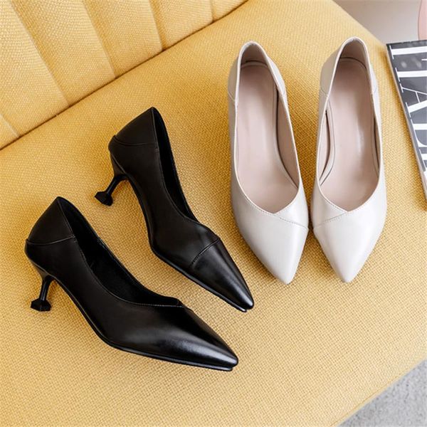 

dress shoes beige black ladies pointed head med heels casual working female women party wedding 2021