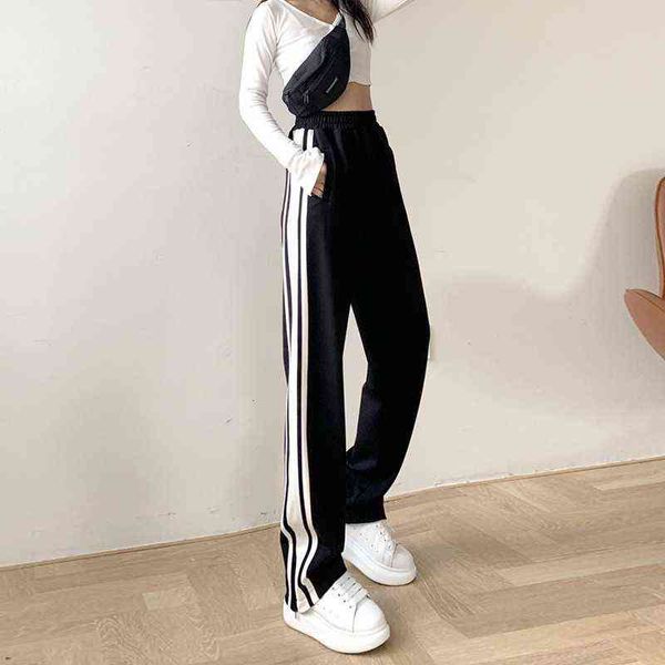 

cx winter women longer sport pants high waist loose show thin casual fashion split wide leg straight comfort 211124, Black;white