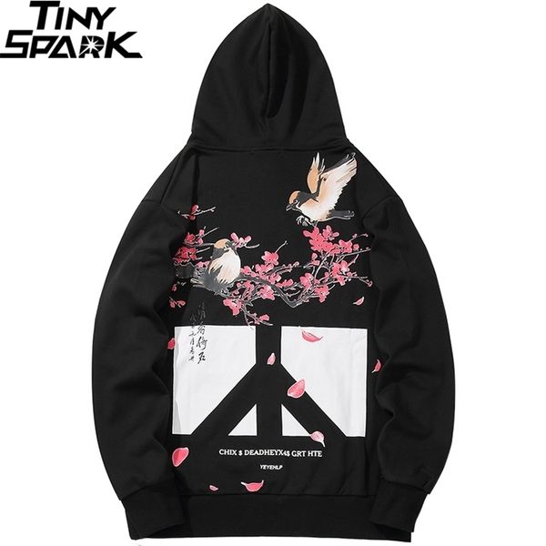 

men hip hop hoodies sweatshirt floral bird print harajuku streetwear chinese kanji hoodie pullover autumn hiphop oversized 201104, Black