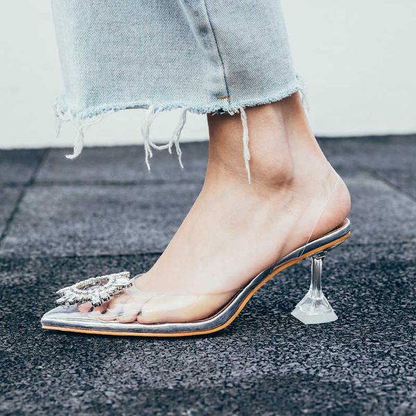 

classic luxury designer new star style women sandals elegant pointed toe 2022s high heels wedding shoes crystal clear heeled slingback pumps, Black