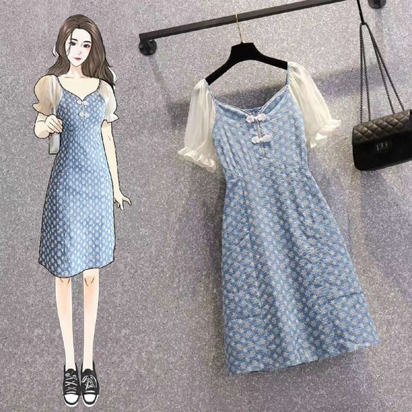 

large size women's new summer 2021 fat mm show thin cover belly age reducing temperament chinese style cheongsam dress, Black;gray