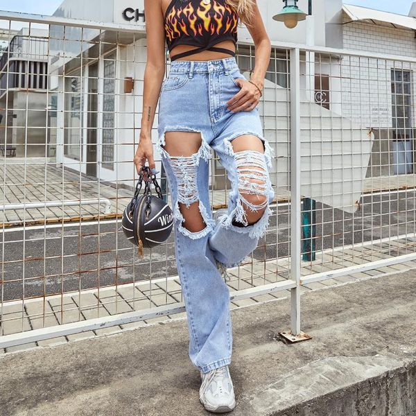 

women's jeans chic ripped straight fashion solid color high waist korea style wild hole rough trim casual female denim pants, Blue