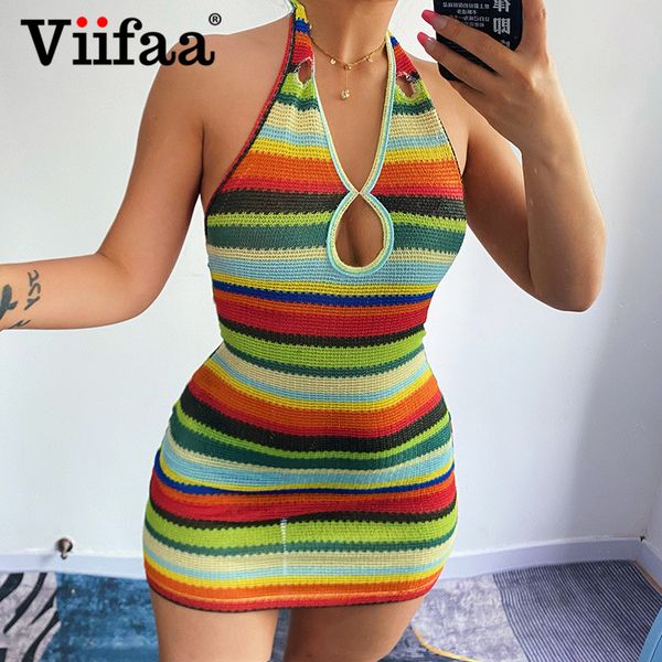 

Viifaa Multicolor Knitted See-Through Beach Vacation Women Sexy Dress for Summer Cut Out Halter Backless Bodycon Mini DressesPlus size cloth, Green