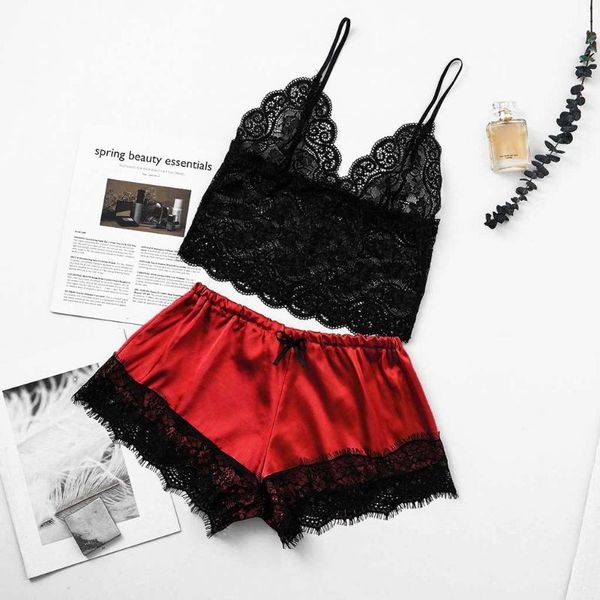 

bras sets women satin lace v-neck camisole bowknot shorts set sleepwear pajamas lingerie outfit erotic lenceria mujer 2021, Red;black
