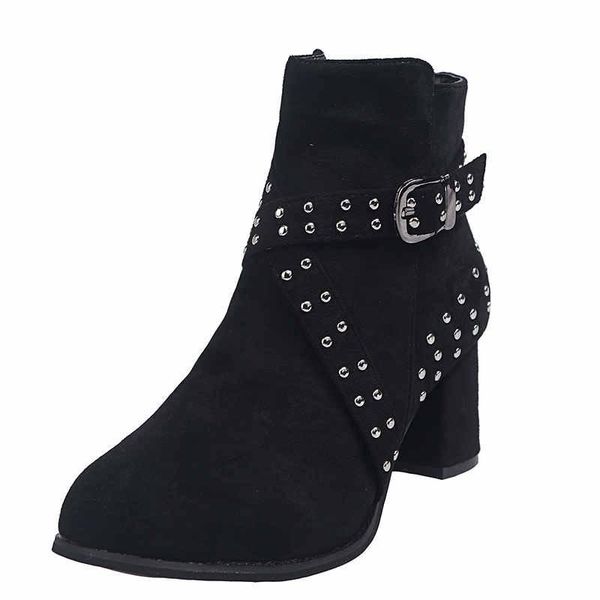 

boots winter women's ankle buckle rivets flocking pointed zipper solid rubber soles fashion casual shoes, Black