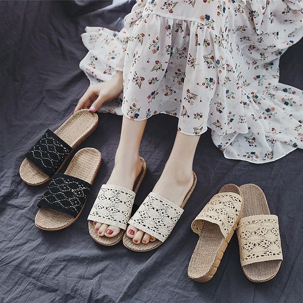 

summer linen slippers women casual lace indoor home slippers soft spring autumn non-slip floor flip flop, Black