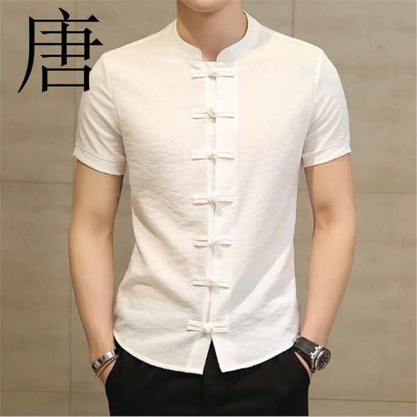 

tang cool 2021 summer new men fashion chinese style linen slim fit casual short sleeves shirt qtxr, White