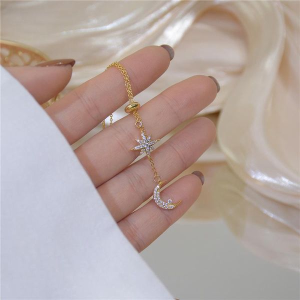 

chains korean fashion design star moon pendant gold chain necklace for woman 14k crystal long choker clavicle jewelry gift, Silver