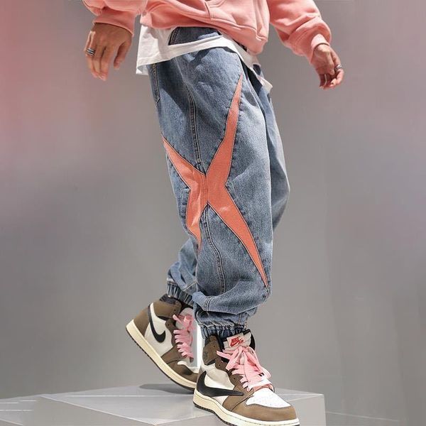 

men's jeans mens patchwork harlan ankle banded pants cargo elastic waist capri men hip hop, Blue