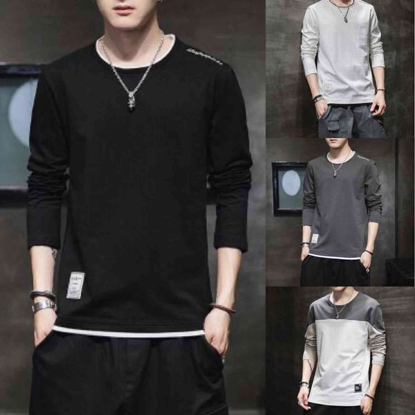 

sweater black spring and autumn new pure cotton round neck pullover cloth korean fashion casual men's long sved t-shirt