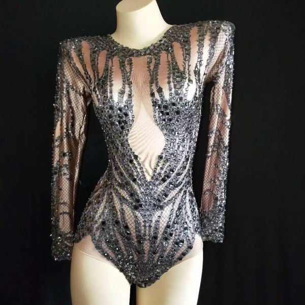 

black sleeve long hollow mesh out beads elasticity club bodysuits party 6kar