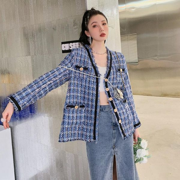 

women's jackets [ewq] chic multi pocket contrast plaid burrs tassel jacket women autumn winter 2021 loose v-neck single breasted coat 1, Black;brown