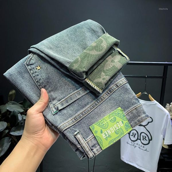 

men's jeans nine-point men 2021 summer thin section ripped hole tide brand slim feet korean style trendy pants, Blue