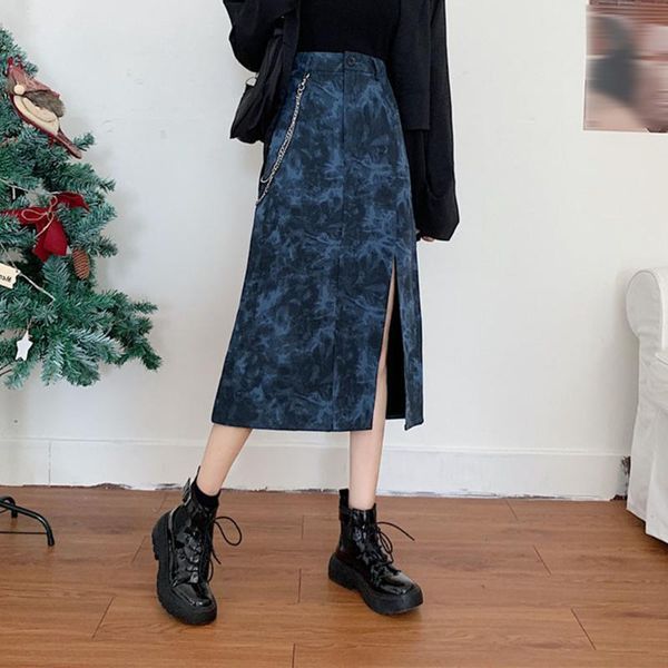 

skirts 2021 chic tie dye skirt with chain punk women summer vintage korean fashion goth streetwear blue casual high waist a line, Black