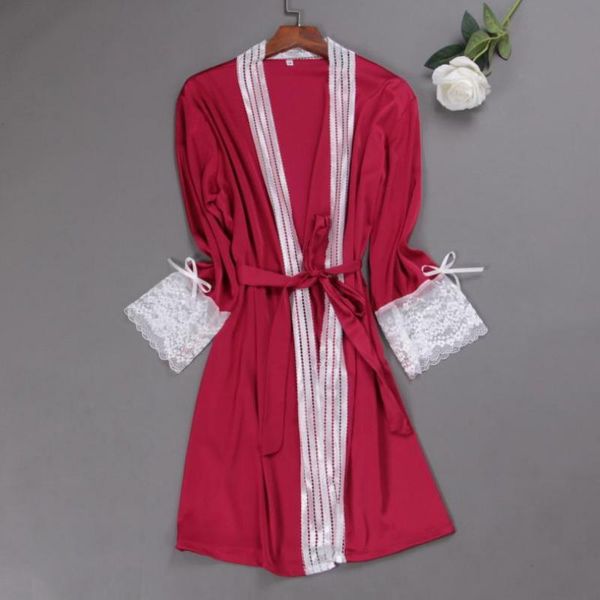 

women's sleepwear summer bride bridesmaid wedding robe satin morning kimono gown female lace nightgown casual bathrobe, Black;red