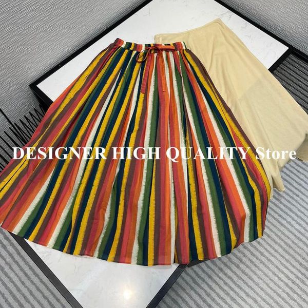 

skirts beach style pleated long womens summer lace-up high waist colorful vertical stripes ball gown vintage sweet skirt, Black