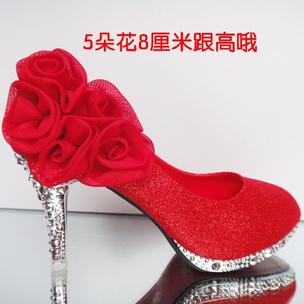 

dress shoes gift female high-heeled red flowers stiletto wedding golden shallow mouth bridesmaid, Black