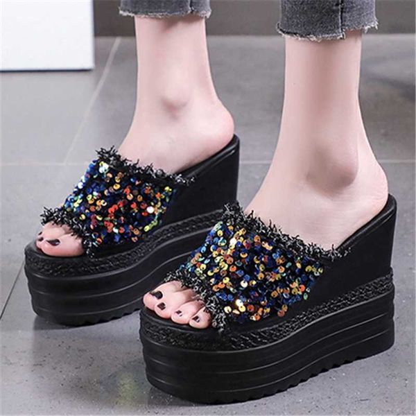 Hausschuhe Sommer Stil Chunky 13CM Wedges Super High Heel Sandalen Sexy Damen Bling Mischfarben Pailletten Plattform Offene Spitze