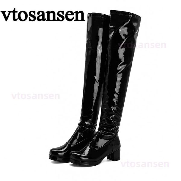 

boots 2021 patent leather waterproof over the knee women candy colors green yellow fashion style long with high heels girl, Black