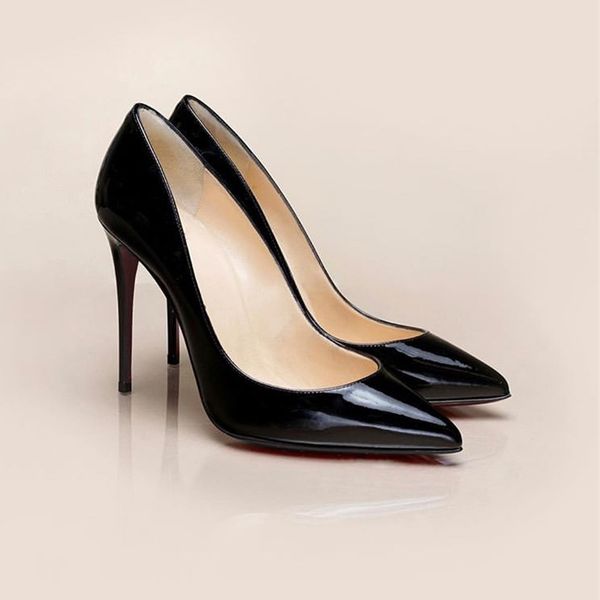 

designer brand women high heels shoes red bottom real leather shoes patent leather pointed toes pumps  cm wedding party shoes sz 35-40, Black