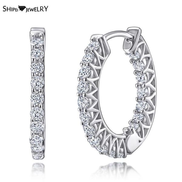 

hoop & huggie shipei 925 sterling silver created moissanite gemstone rose/white gold fashion women earrings wedding party fine jewelry, Golden;silver