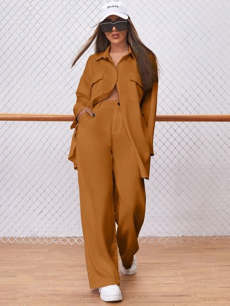

drop shoulder flap pocket blouse & pants set z7kx#, White