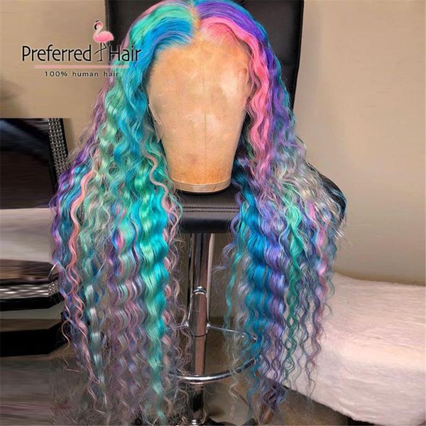 

lace wigs preferred colored front preplucked rainbow human hair deep wave frontal wig transparent, Black;brown